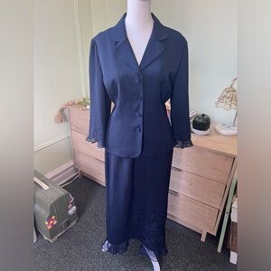 Vintage Navy Blue Suit Chiffon Ruffle Embroidered Brocade Jacket & Skirt Set S-M